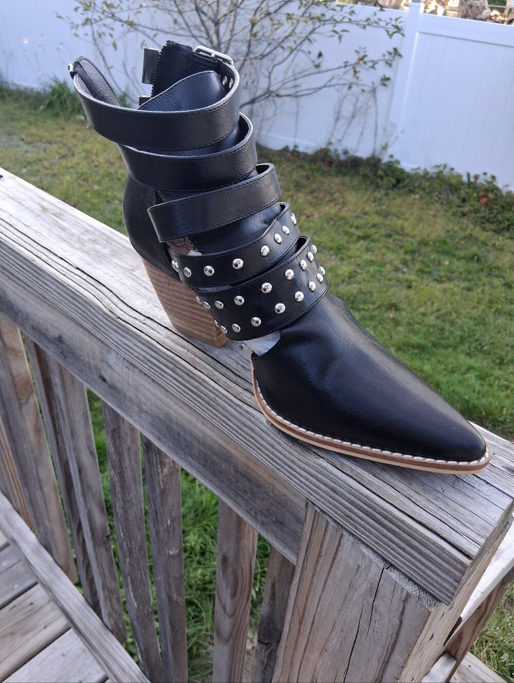 Black Studded Pointed Toe Ankle Bootie with Stacked Heel